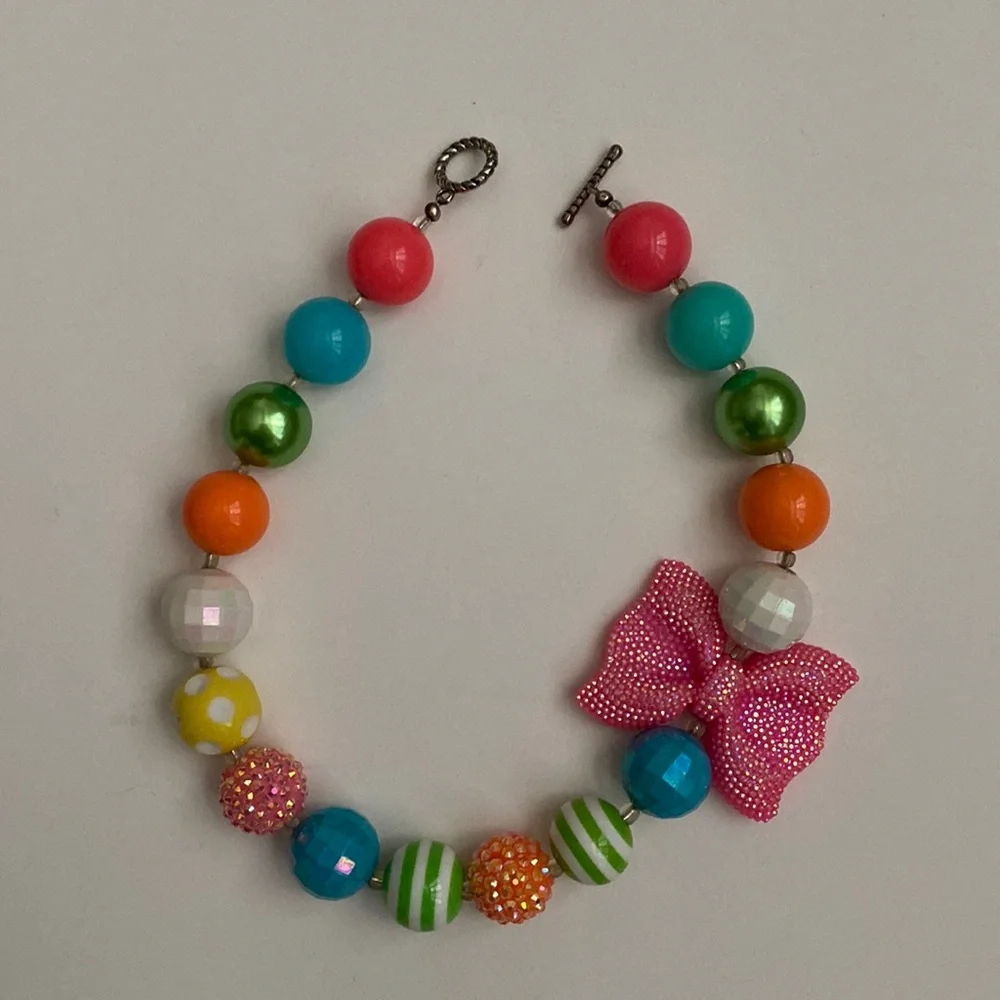 Sparkly Pink Bow Chunky Bubblegum Beaded Necklace